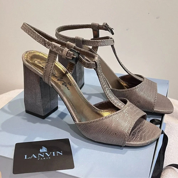Lanvin Womens Aged Silver Platform Heels 8.5B Chunky T Strap Goatskin Metal - Picture 1 of 12